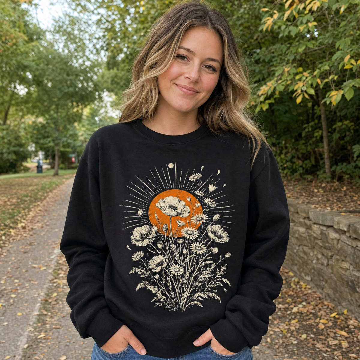 Model wearing the Wildflower Bouquet sweatshirt in Black, lifestyle image 1