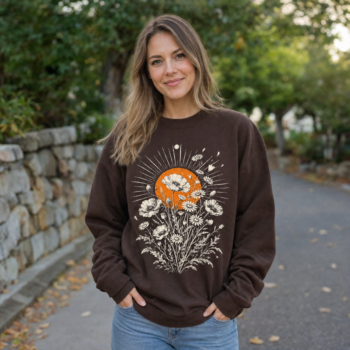 Model wearing the Wildflower Bouquet sweatshirt in Dark Chocolate
