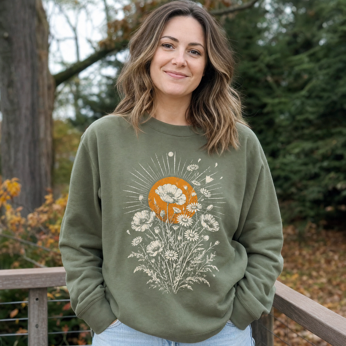 Model wearing the Wildflower Bouquet sweatshirt in Military Green