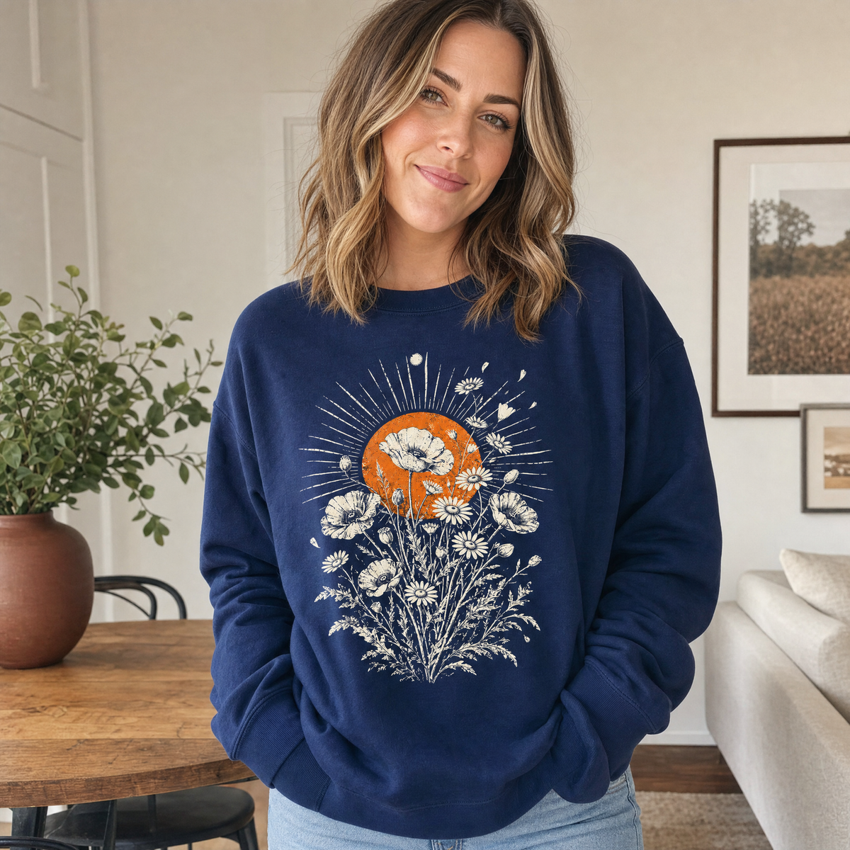 Model wearing the Wildflower Bouquet sweatshirt in Navy