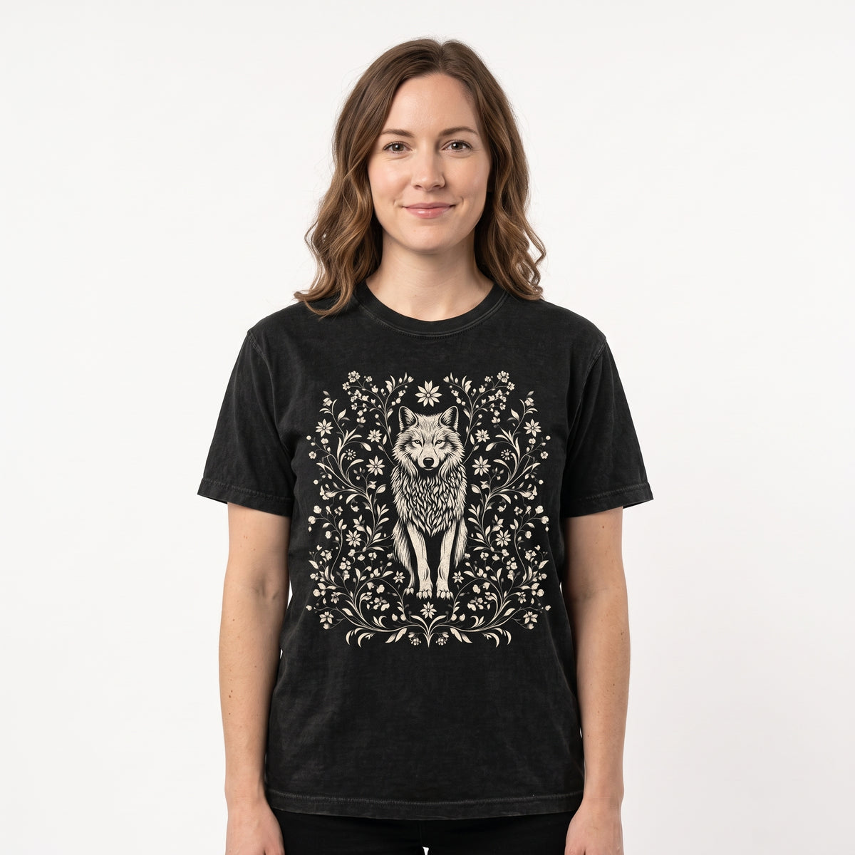Model wearing the Wolf comfort colors tee in Black, cover image 1