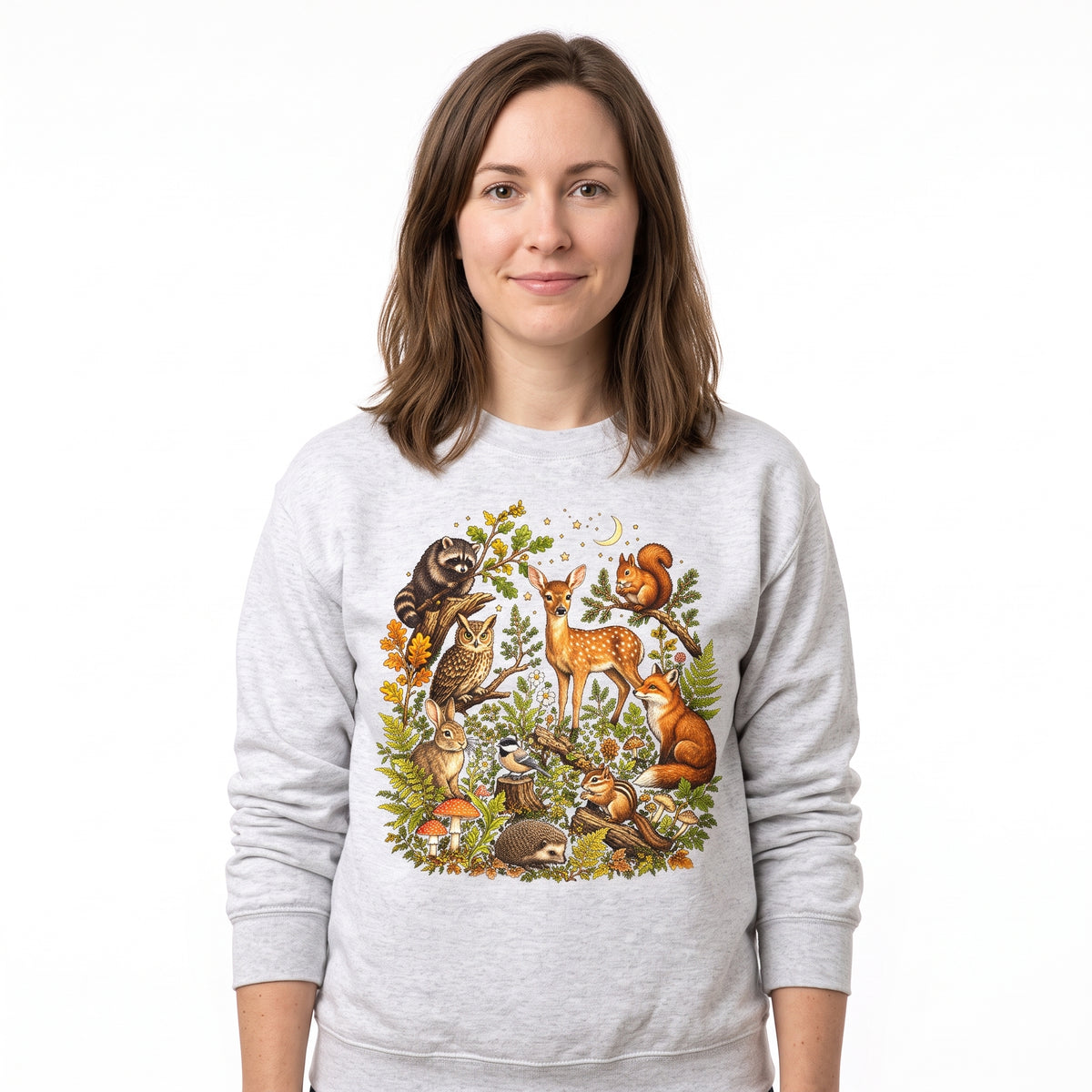 Model wearing the Woodland Animals sweatshirt in Ash, cover image 1