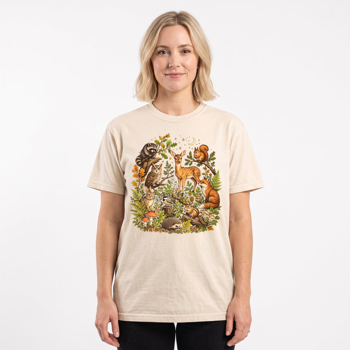 Model wearing the Woodland Animals comfort colors tee in Ivory, cover image 1