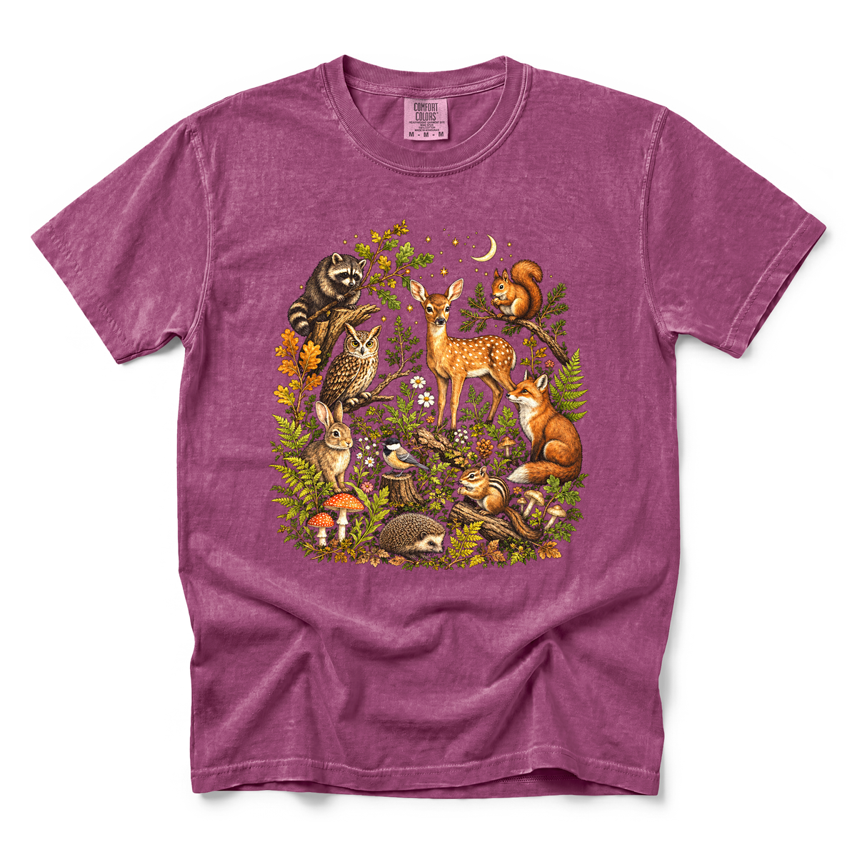 Woodland Animals graphic on Comfort Colors 1717 in Berry