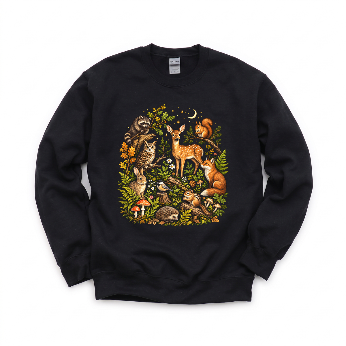 Woodland Animals graphic on Gildan 18000 in Black