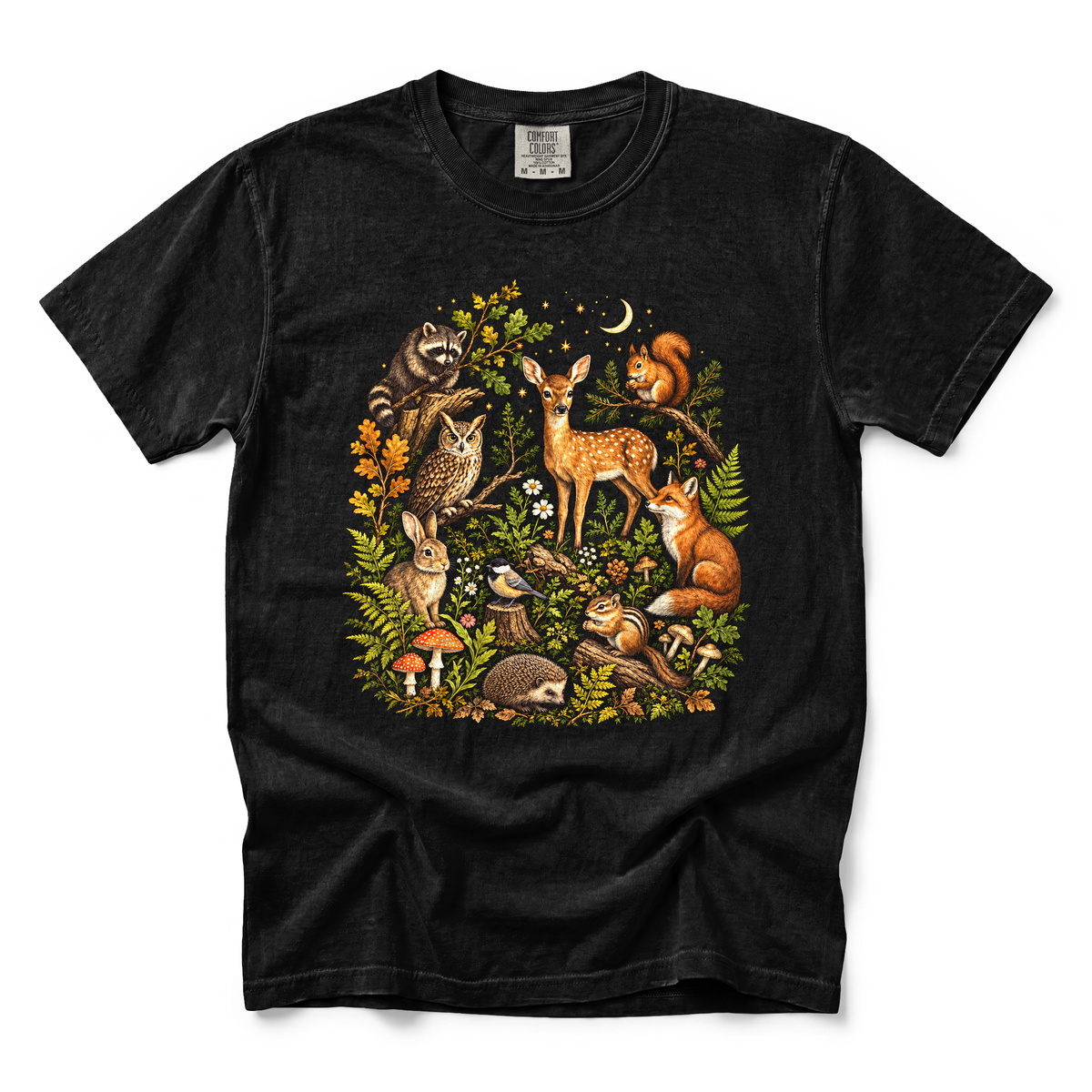 Woodland Animals graphic on Comfort Colors 1717 in Black