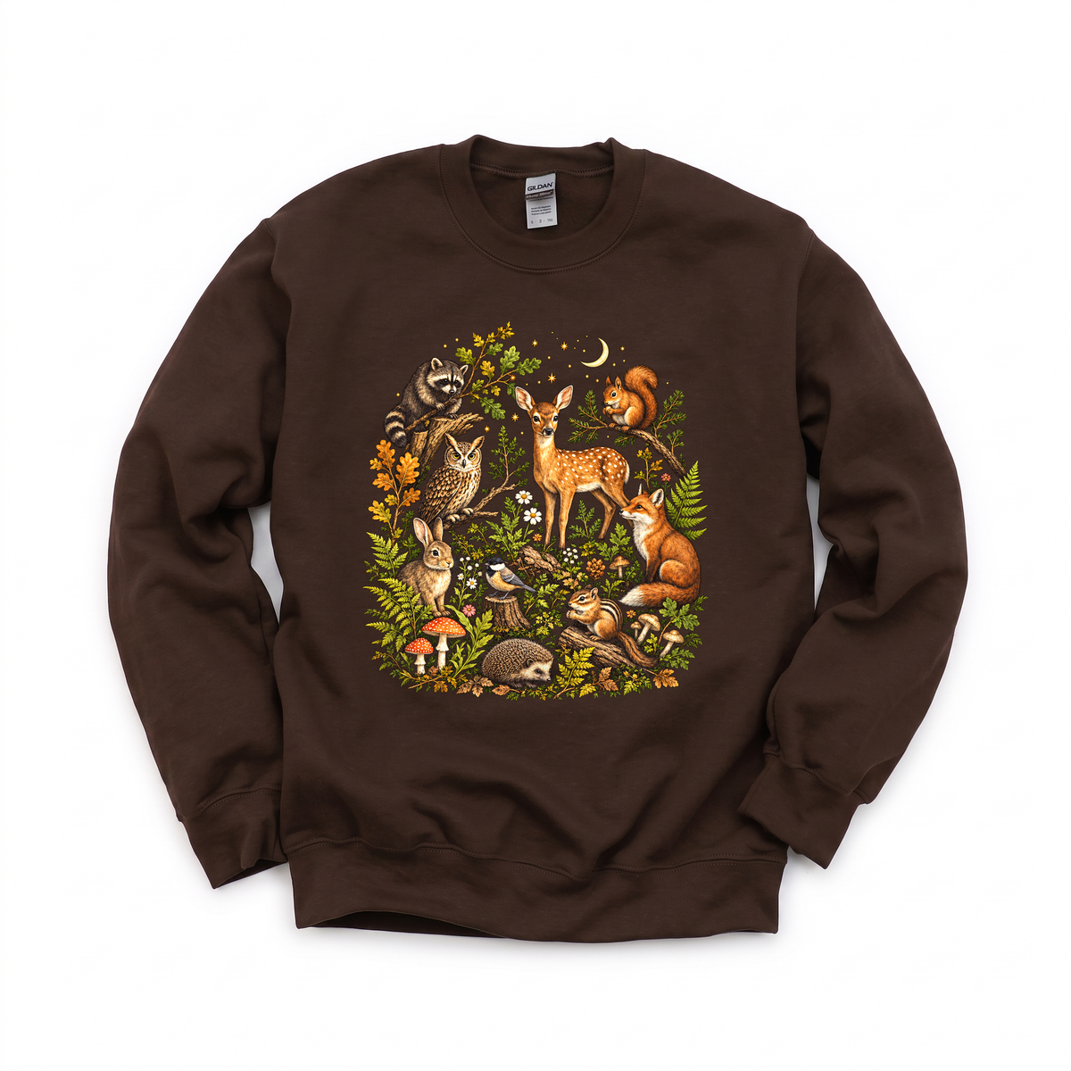 Woodland Animals graphic on Gildan 18000 in Dark Chocolate