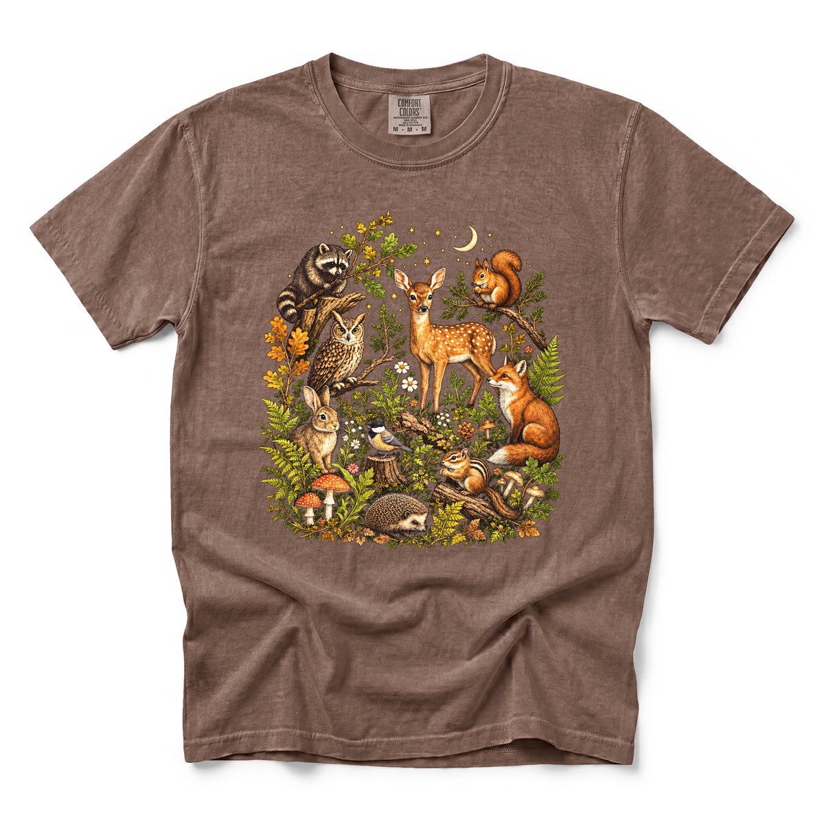 Woodland Animals graphic on Comfort Colors 1717 in Espresso