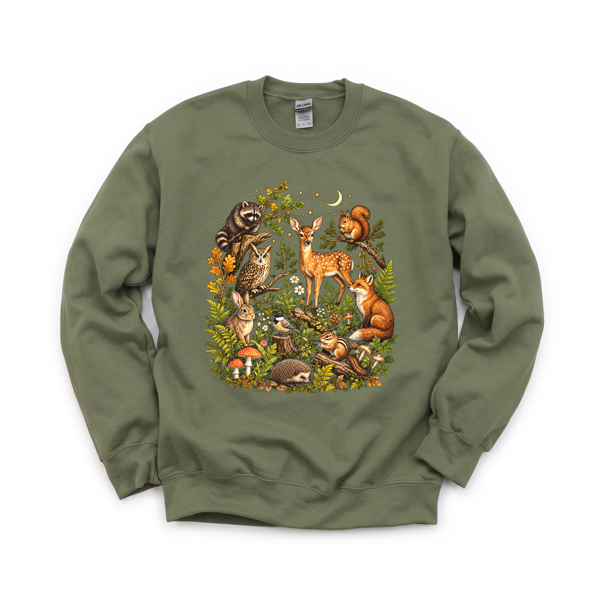 Woodland Animals graphic on Gildan 18000 in Military Green