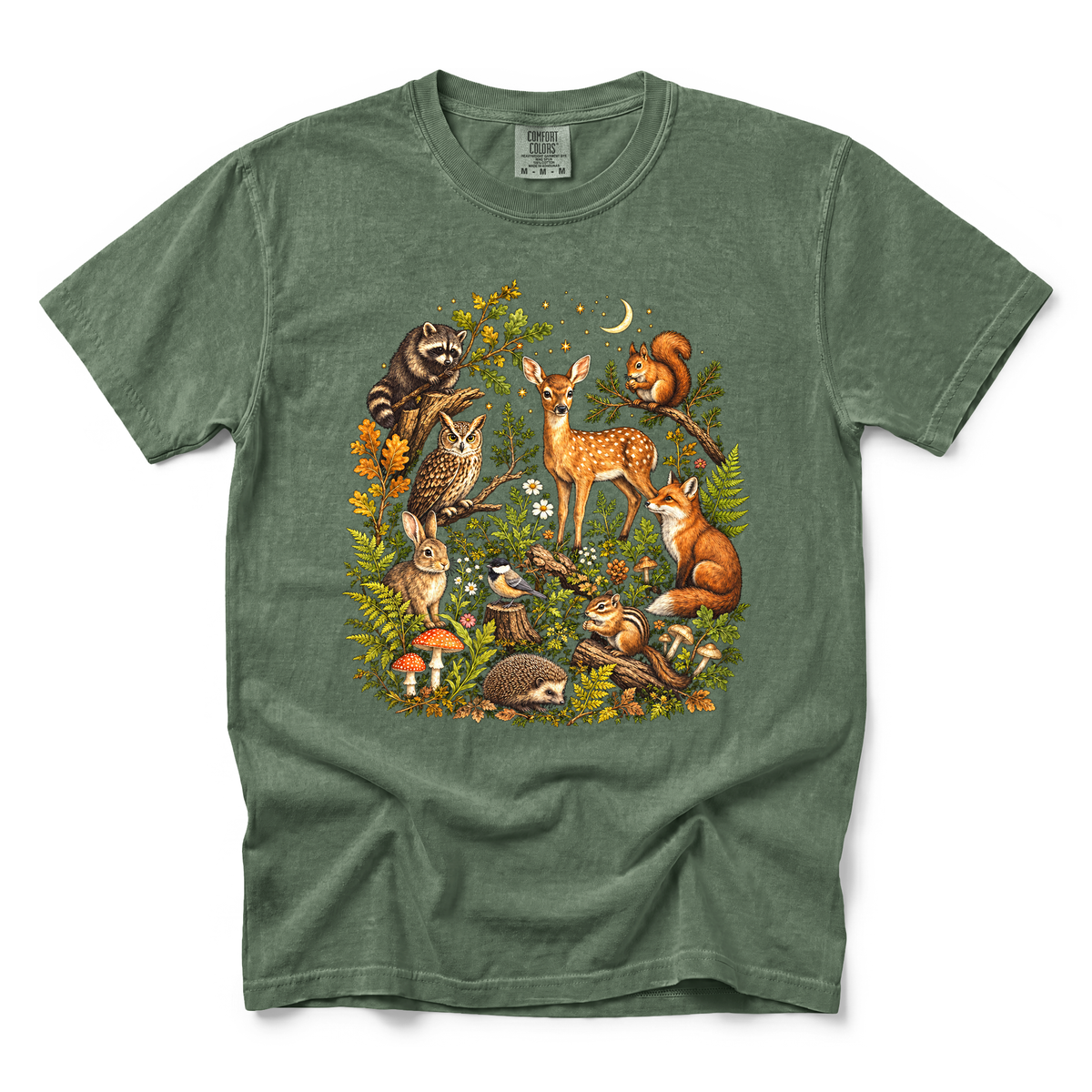 Woodland Animals graphic on Comfort Colors 1717 in Moss