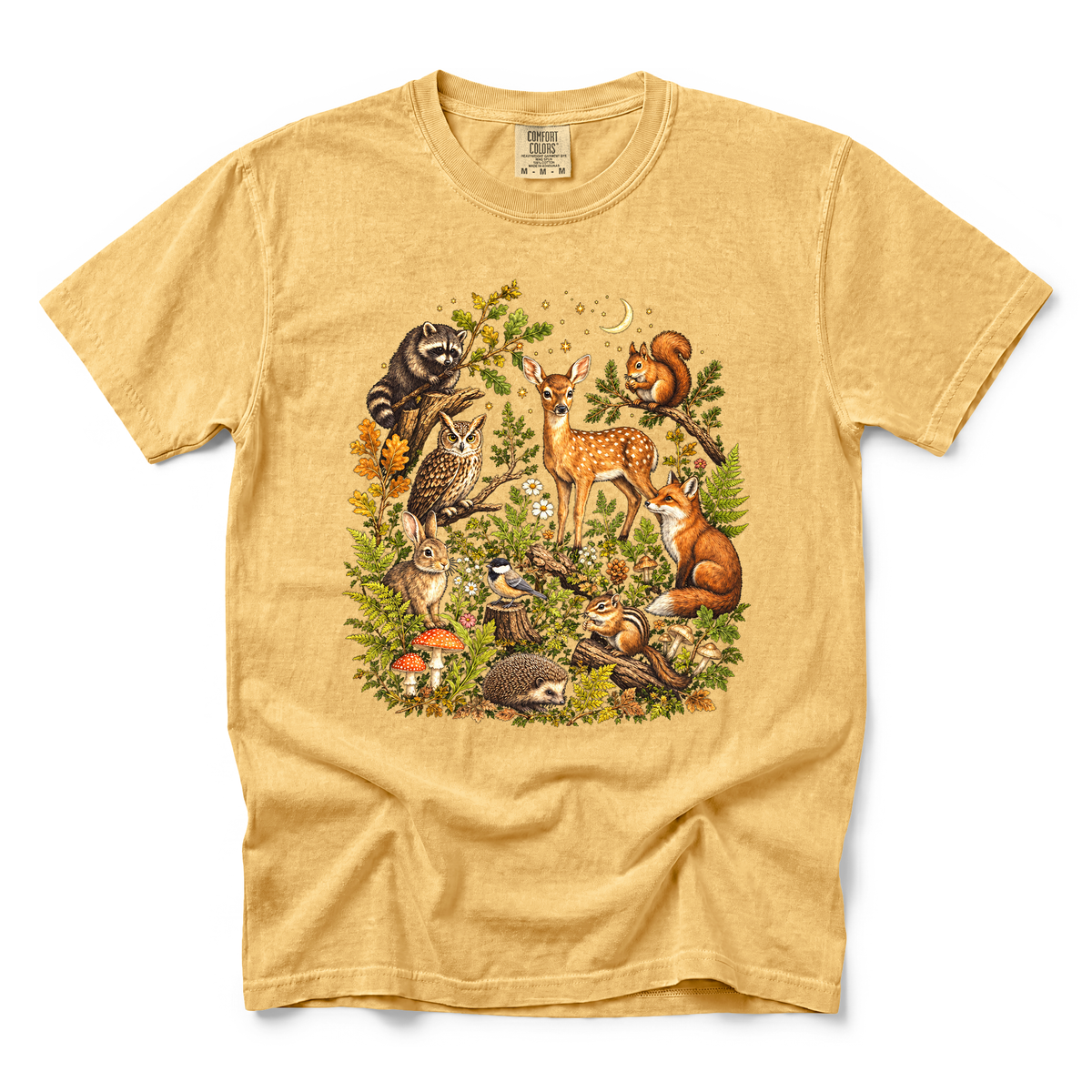Woodland Animals graphic on Comfort Colors 1717 in Mustard