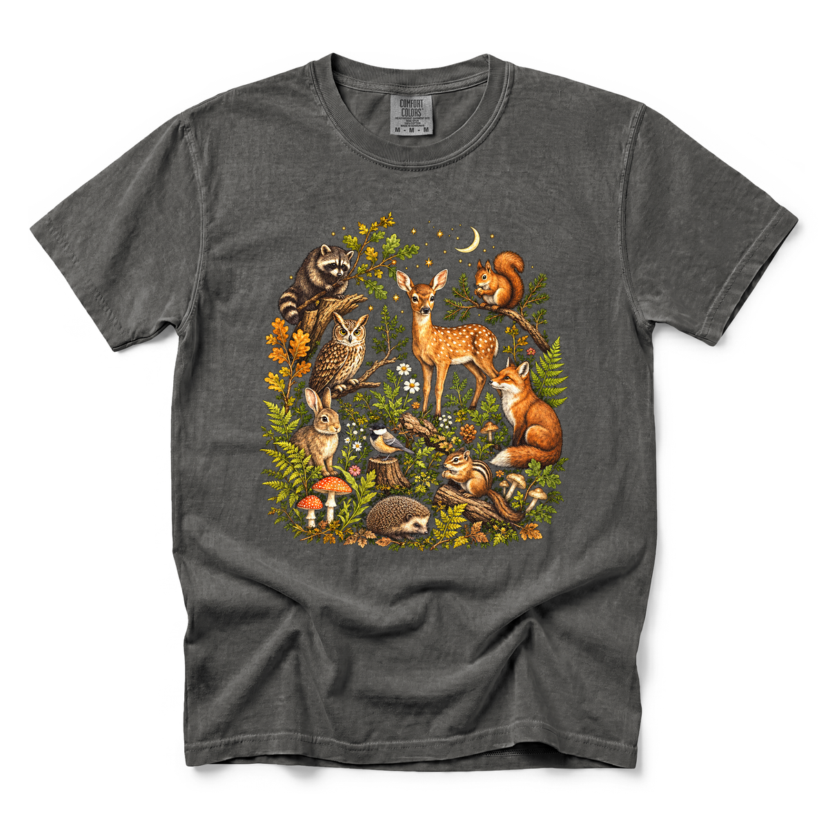 Woodland Animals graphic on Comfort Colors 1717 in Pepper