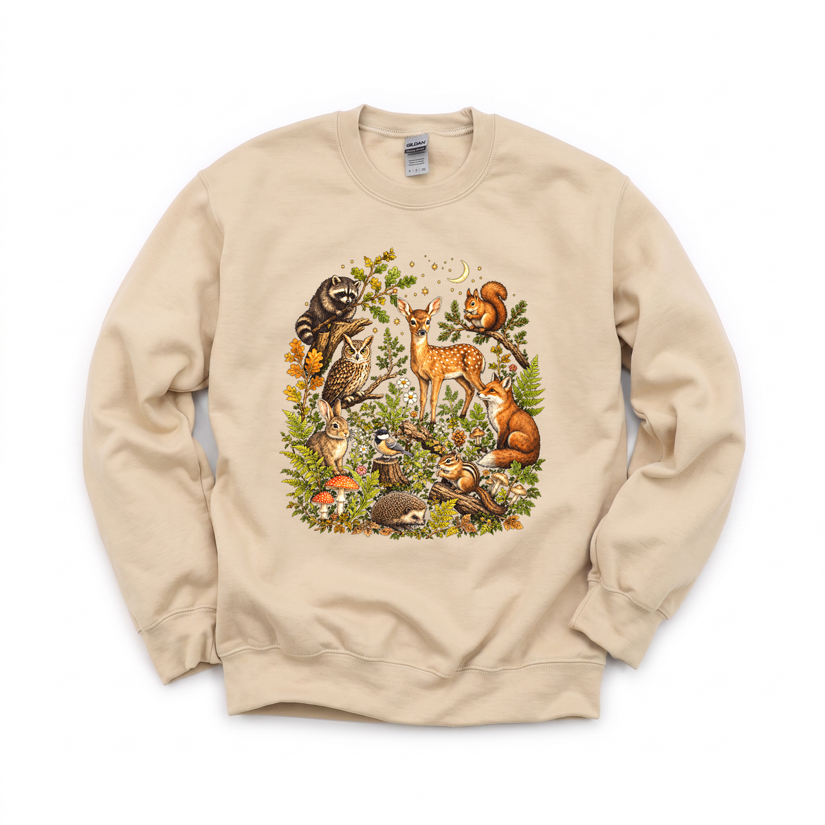 Woodland Animals graphic on Gildan 18000 in Sand