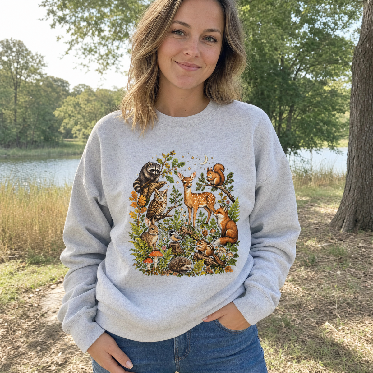 Model wearing the Woodland Animals sweatshirt in Ash, lifestyle image 1