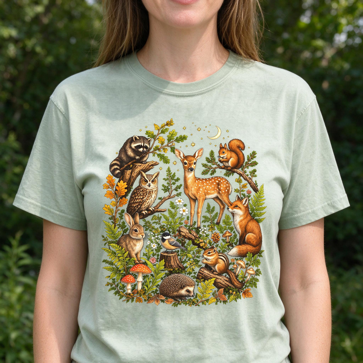 Model wearing the Woodland Animals comfort colors tee in Bay