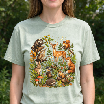 Model wearing the Woodland Animals comfort colors tee in Bay