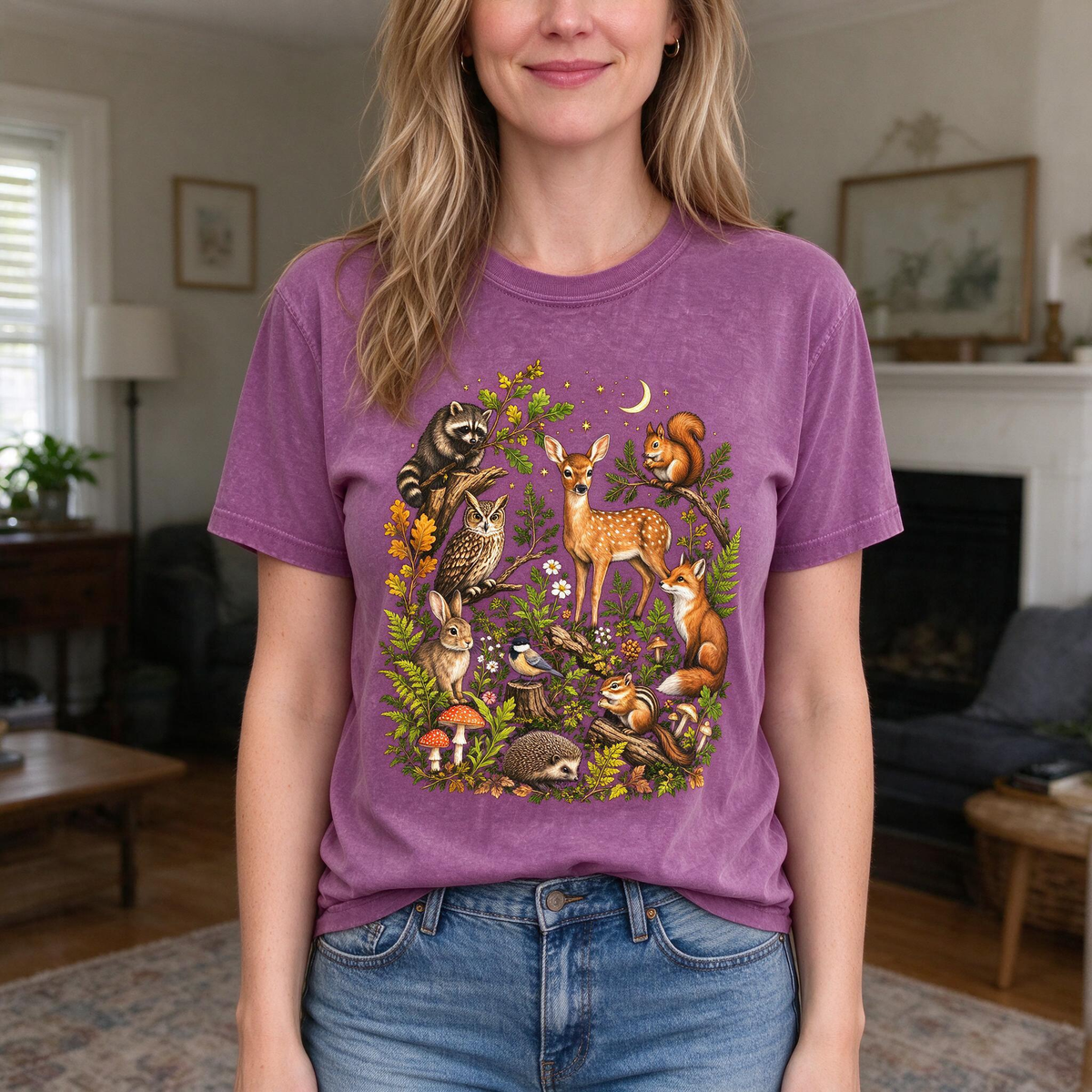 Model wearing the Woodland Animals comfort colors tee in Berry