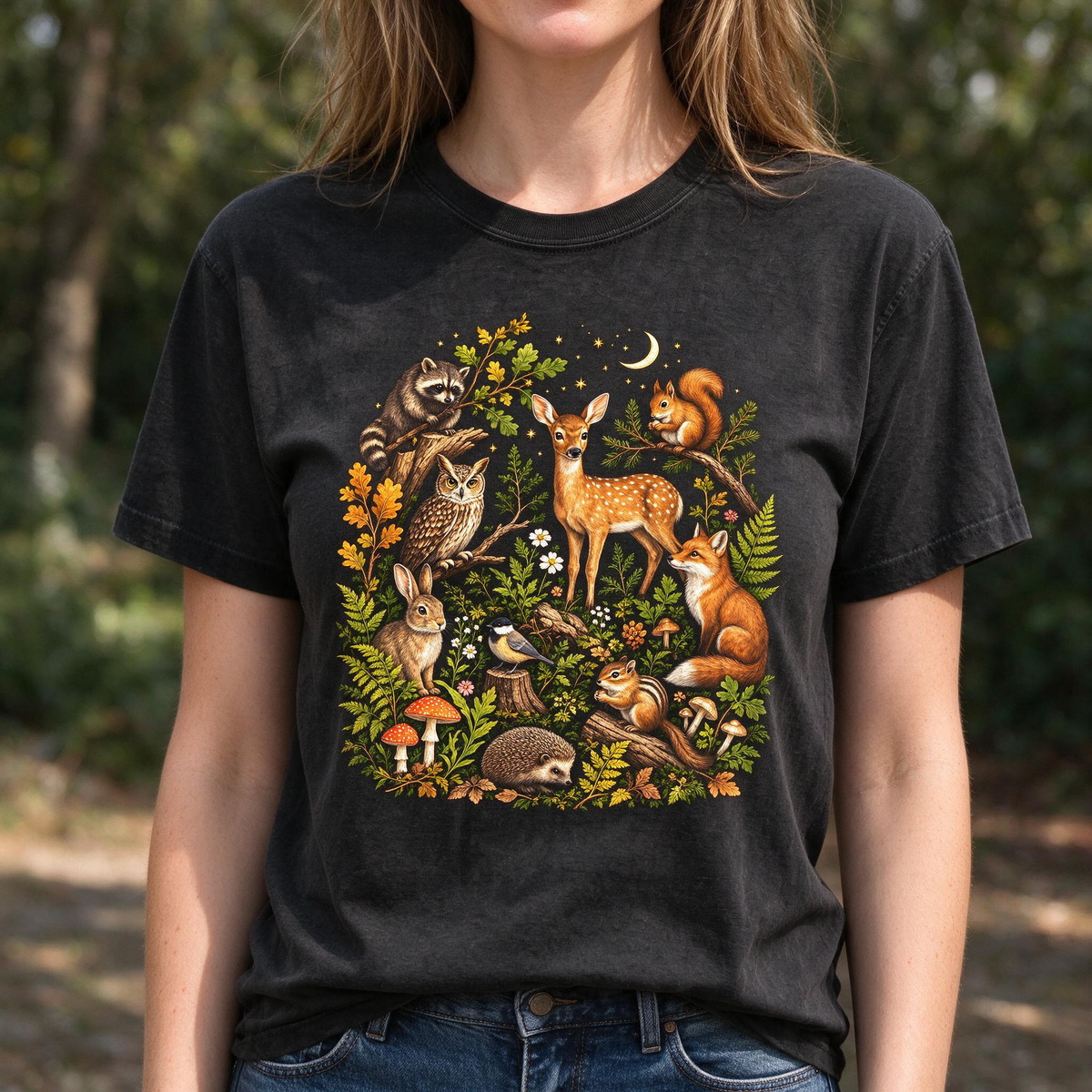 Model wearing the Woodland Animals comfort colors tee in Black