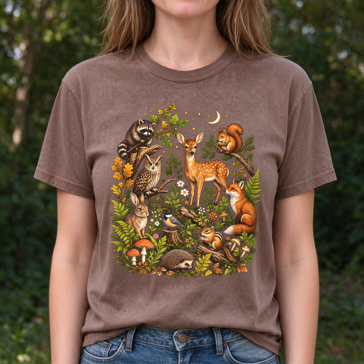 Model wearing the Woodland Animals comfort colors tee in Espresso