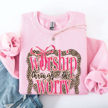 Worship Through The Worry, Faith Based, Gospel, Christian, Leopard Print Sweatshirt