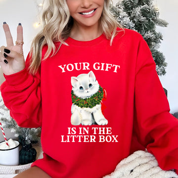 Your Gift Is In The Litter Box, Cat, Christmas, Naughty, Funny, Snow, Santa, Xmas Sweatshirt
