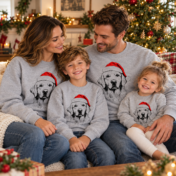 Family wearing matching Christmas Dogs sweatshirts — golden retriever christmas home