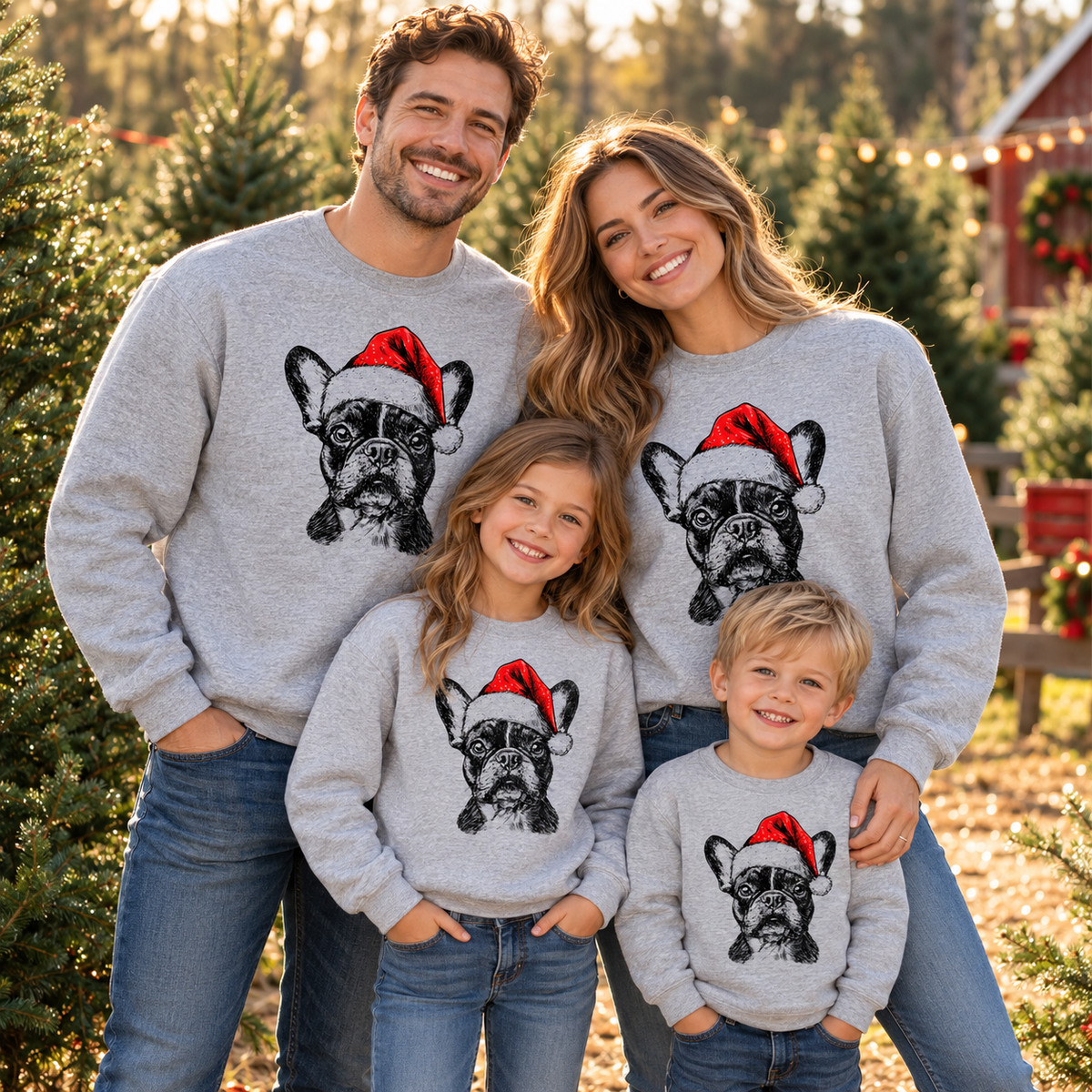 Family wearing matching Christmas Dogs sweatshirts — french bulldog tree farm