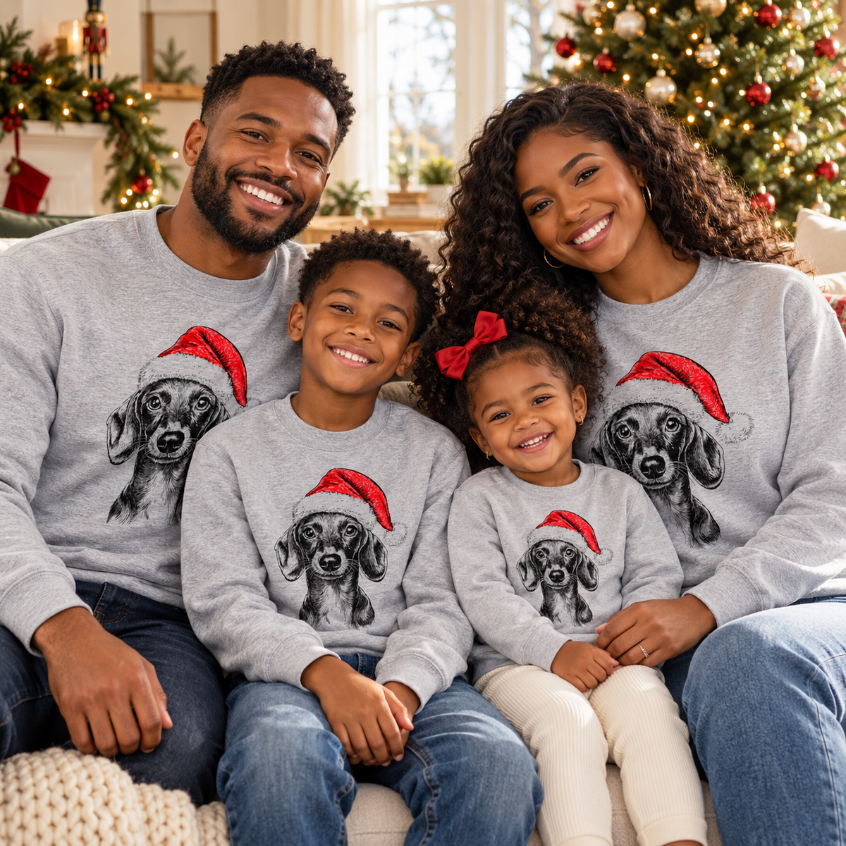 Family wearing matching Christmas Dogs sweatshirts — dachshund christmas morning