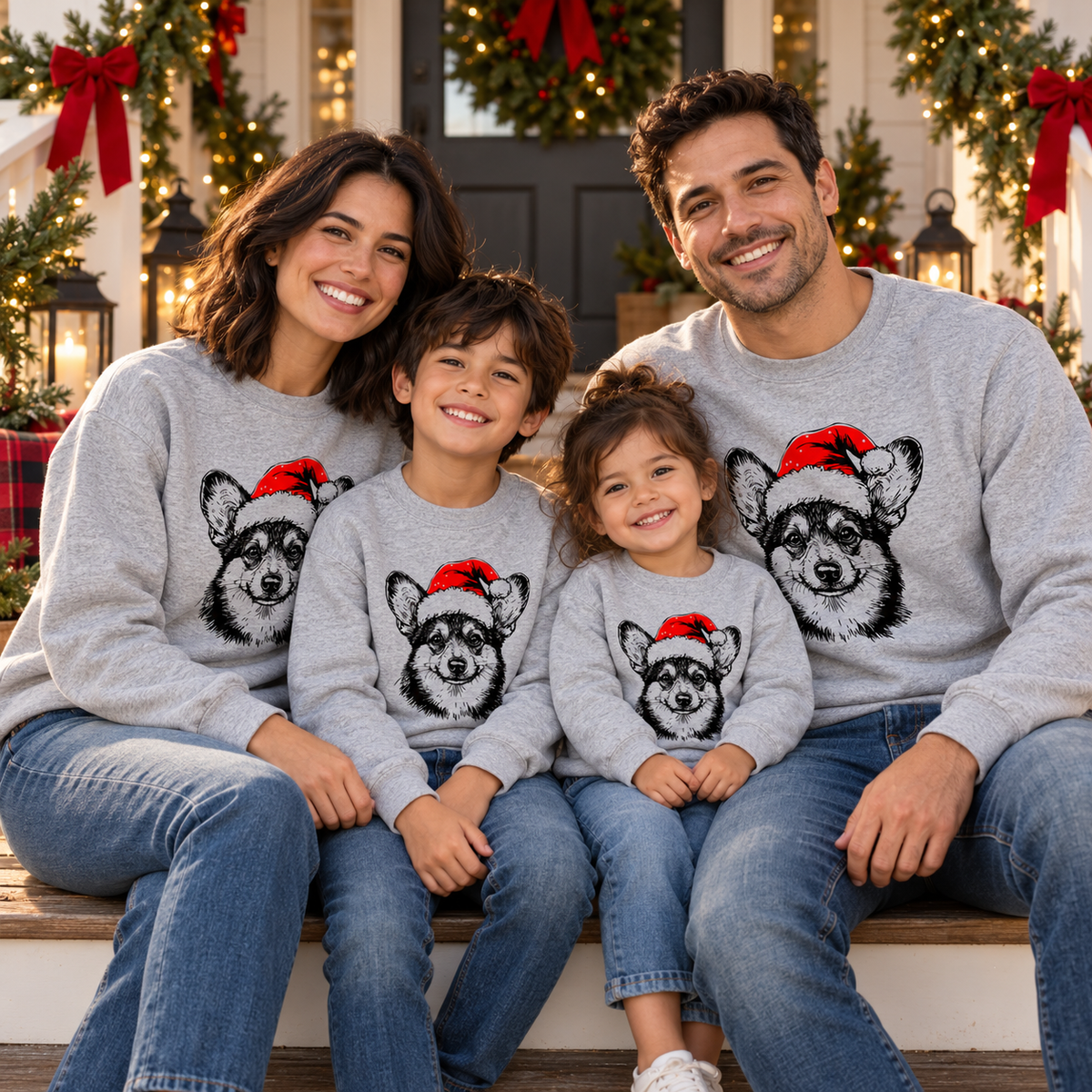 Family wearing matching Christmas Dogs sweatshirts — corgi christmas porch