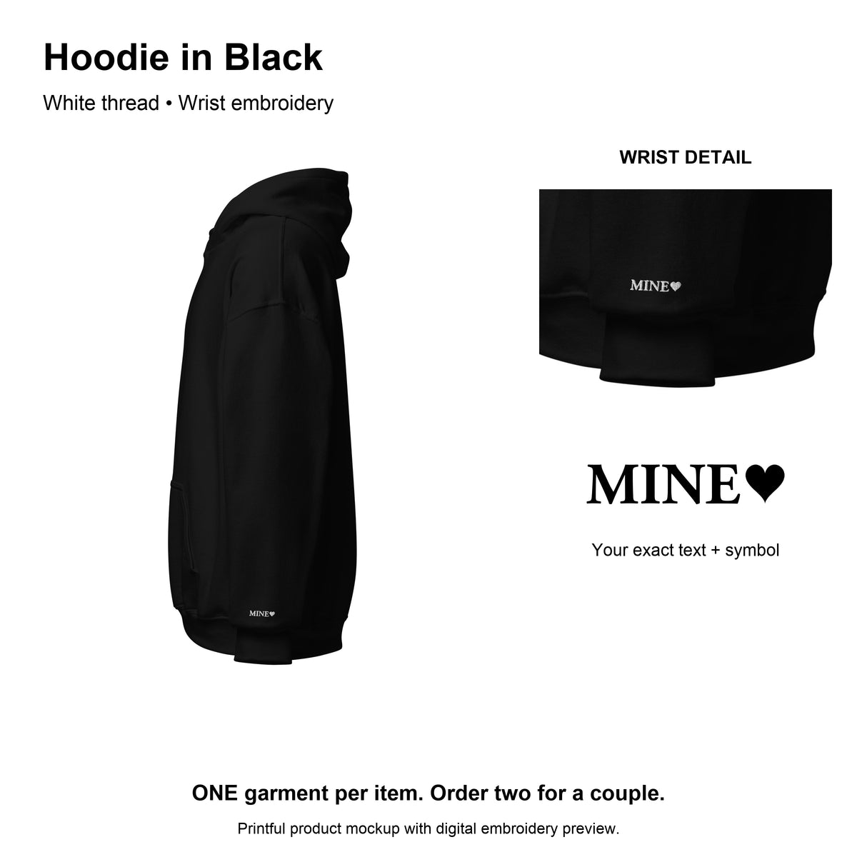 Black hoodie with MINE and an aligned heart in White thread.