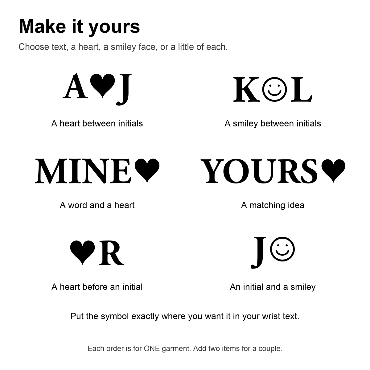 Six wrist embroidery ideas with hearts and smileys vertically aligned with the lettering.