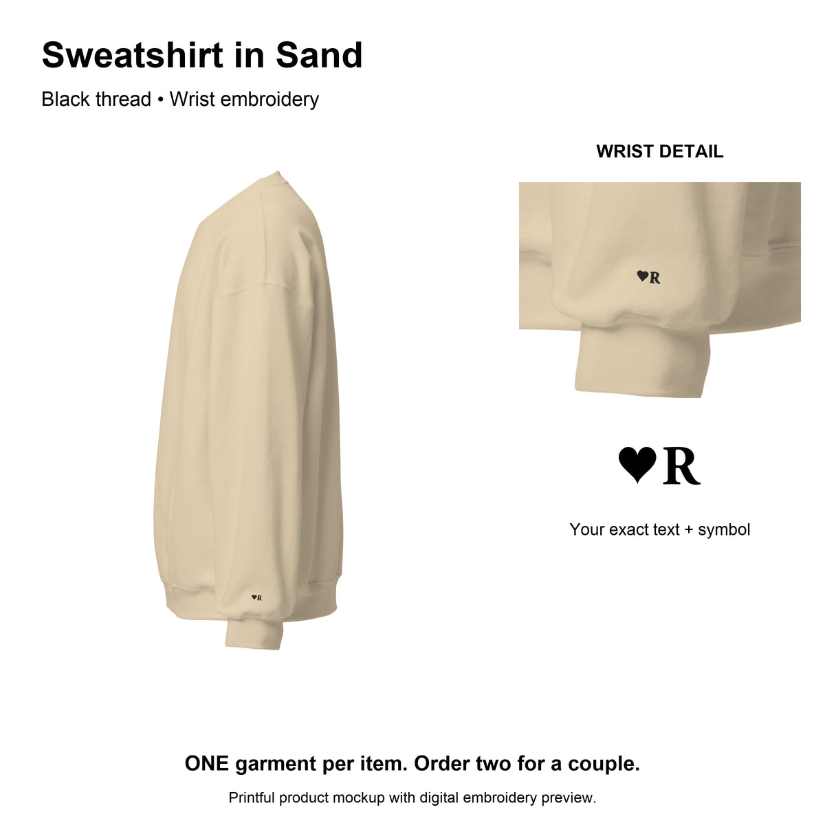 Sand sweatshirt with an aligned heart before R in Black thread.