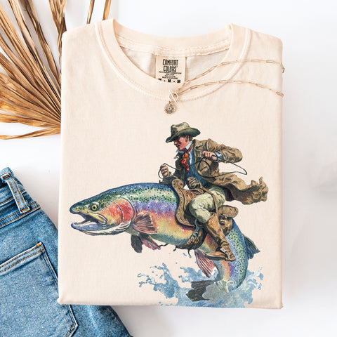Cowboy Riding Rainbow Trout T-Shirt , Genuine Comfort Colors , Cowboy Fishing Club Rodeo Graphic Tee