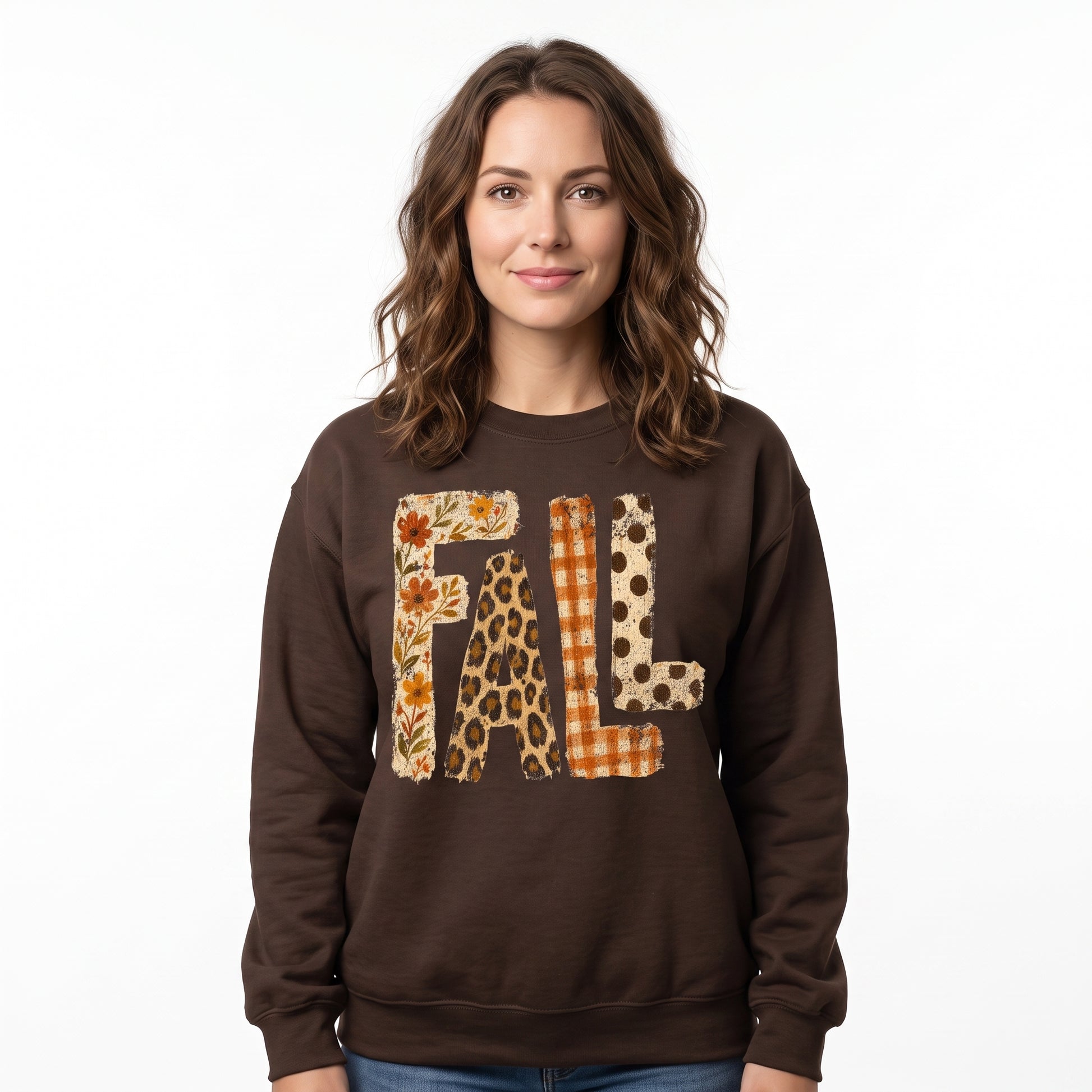 Model wearing the Fall Pattern Letters sweatshirt in Dark Chocolate
