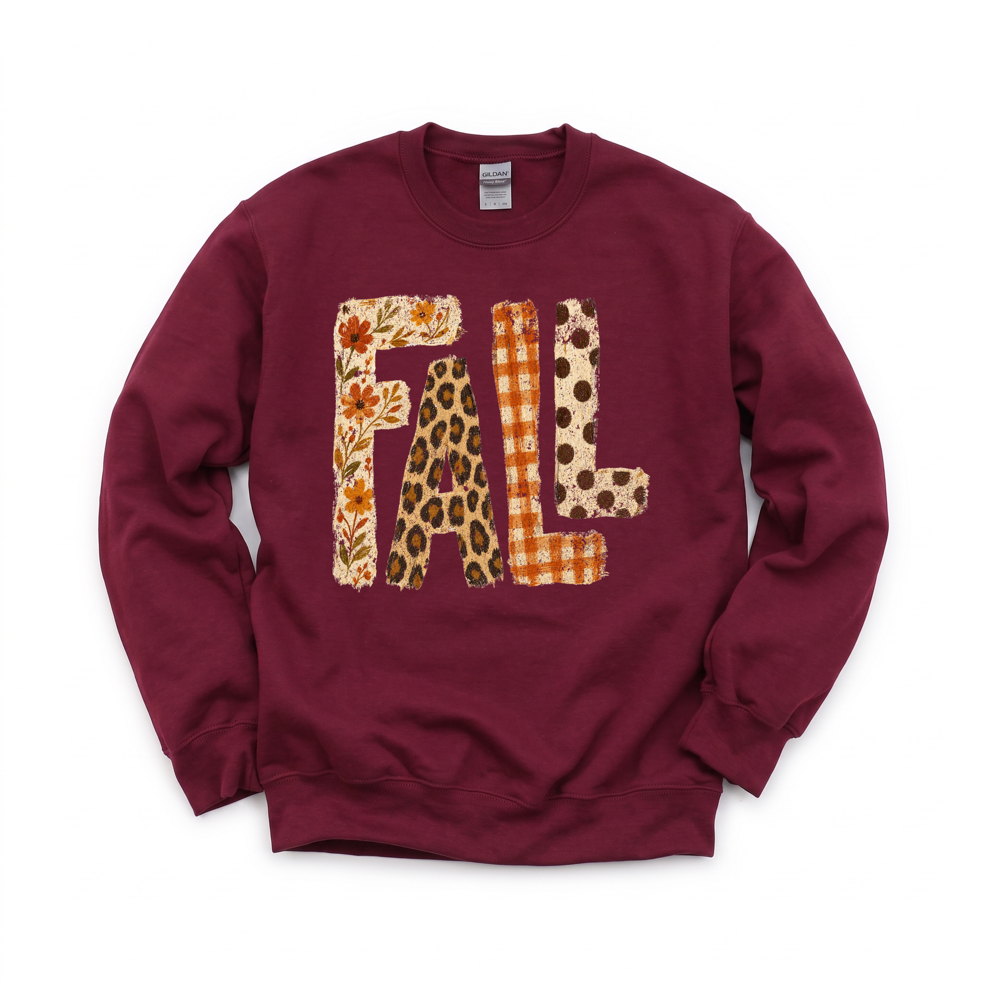 Fall Pattern Letters graphic on Gildan 18000 in Maroon