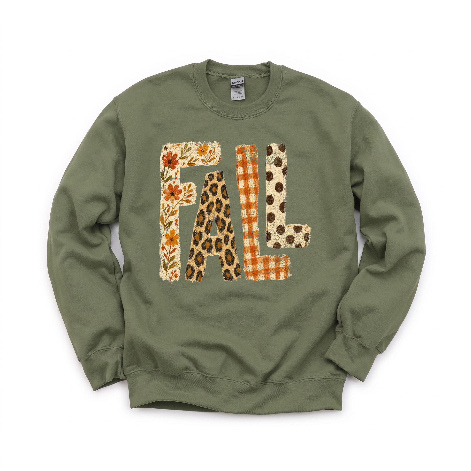 Fall Pattern Letters graphic on Gildan 18000 in Military Green