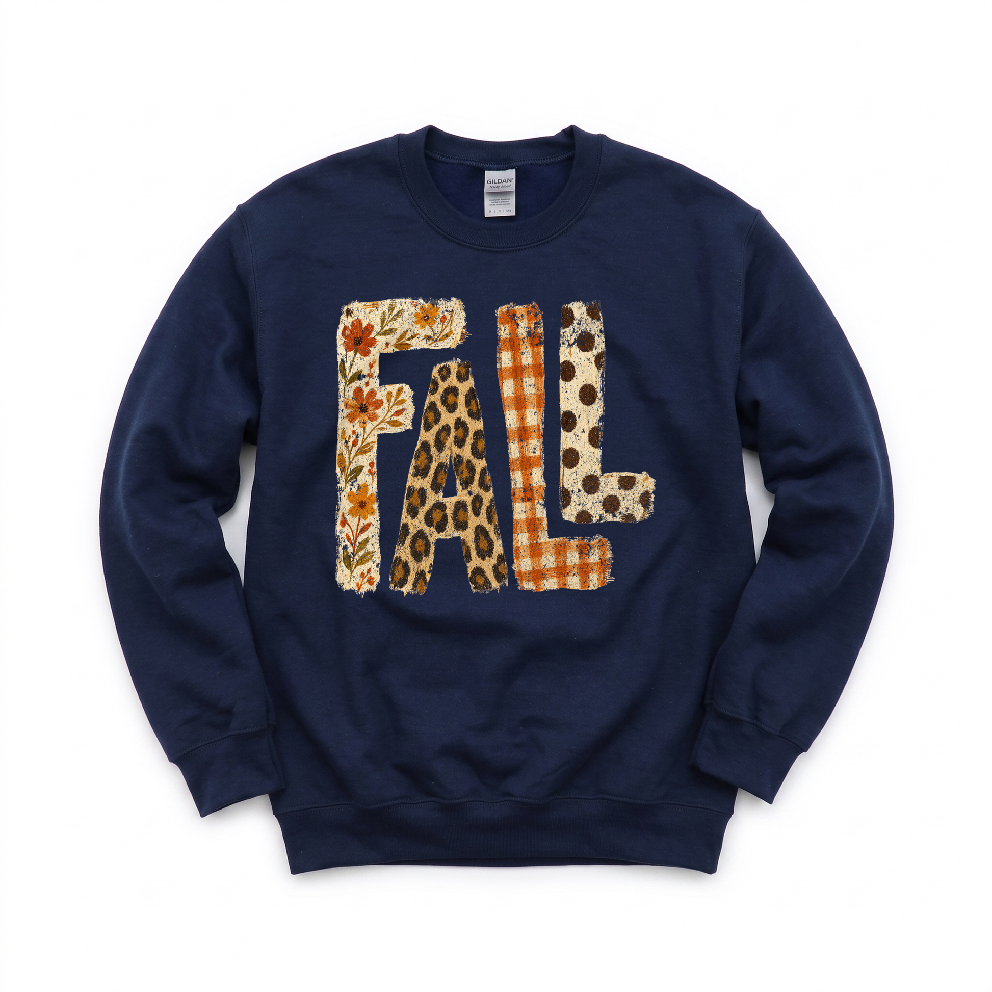 Fall Pattern Letters graphic on Gildan 18000 in Navy