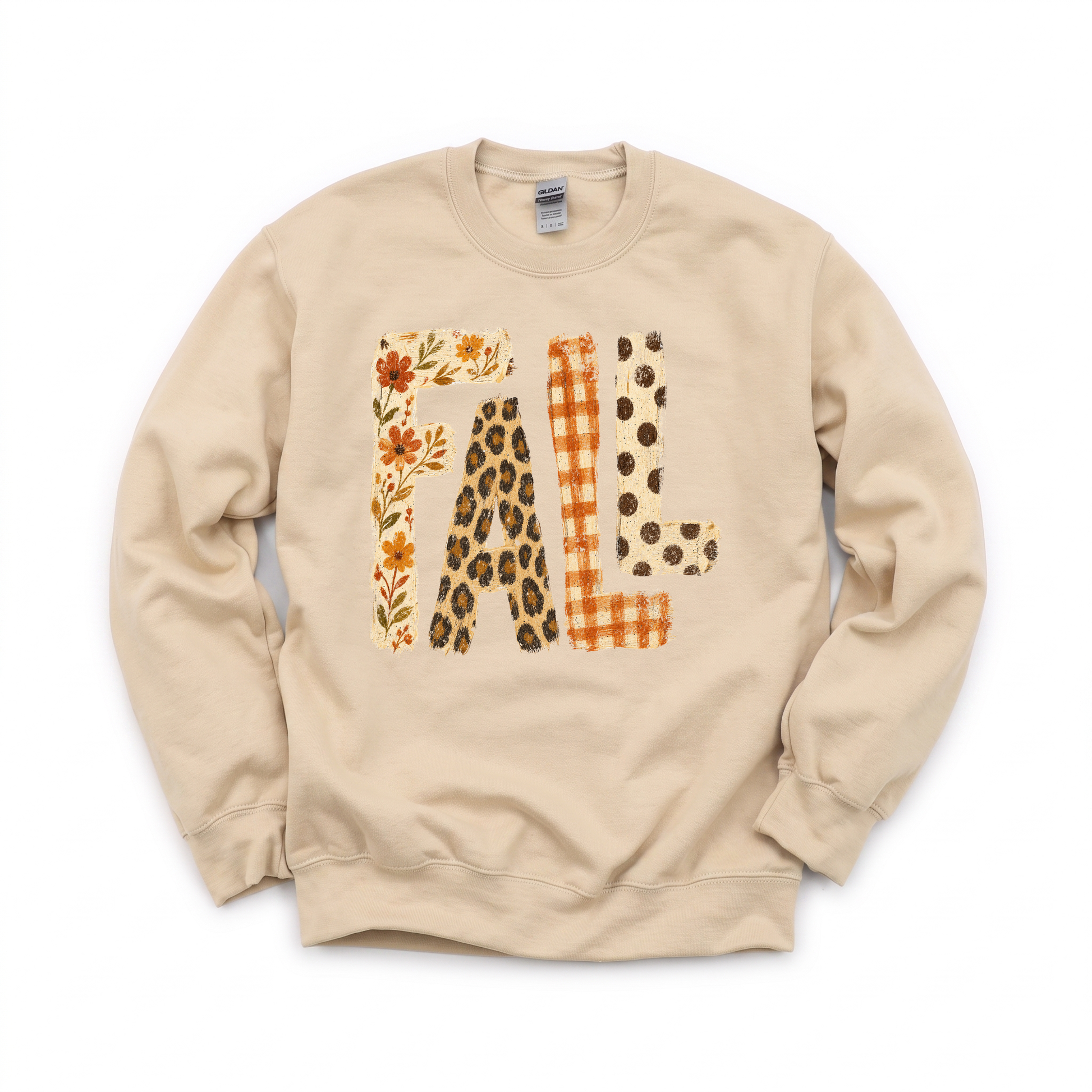 Fall Pattern Letters graphic on Gildan 18000 in Sand