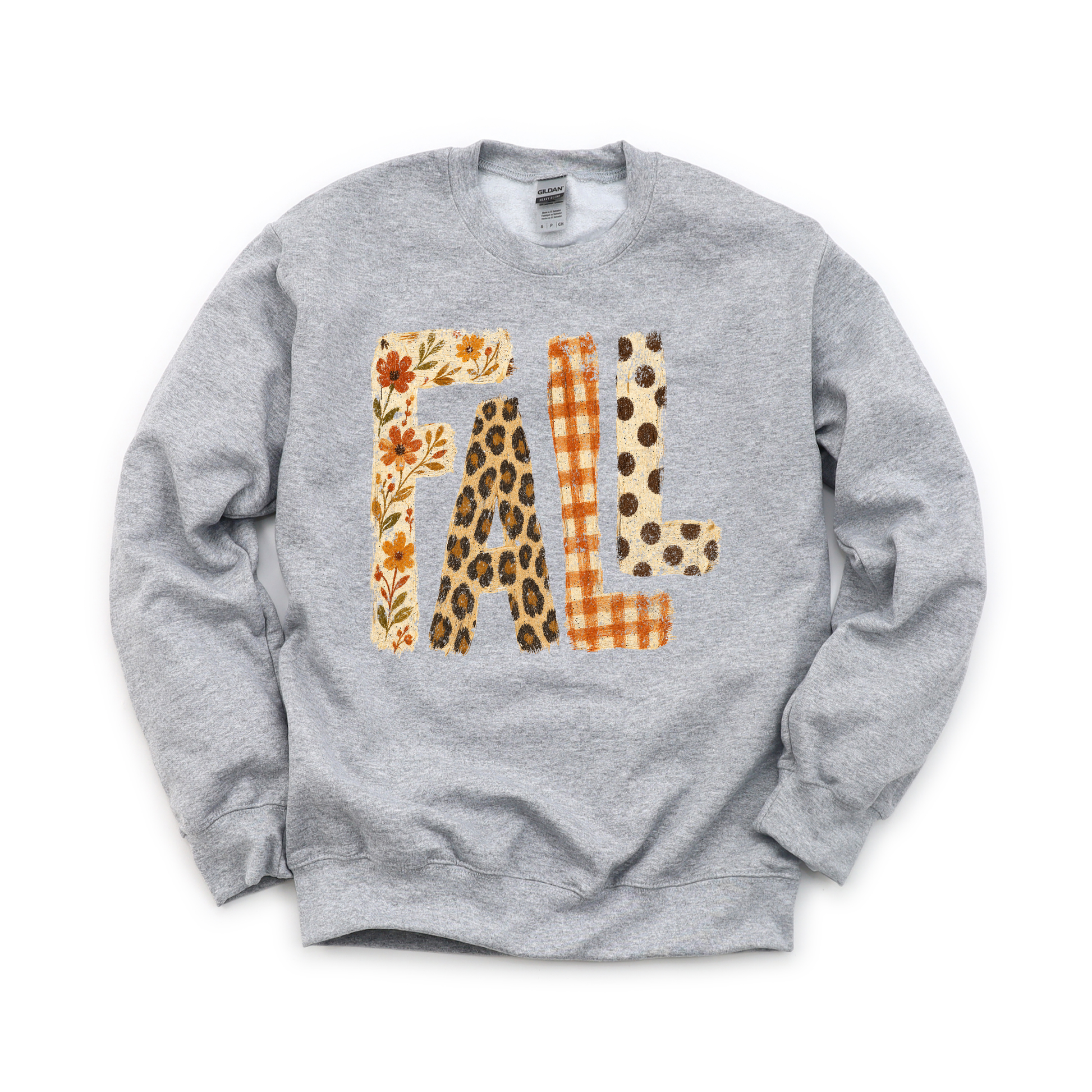 Fall Pattern Letters graphic on Gildan 18000 in Sport Grey