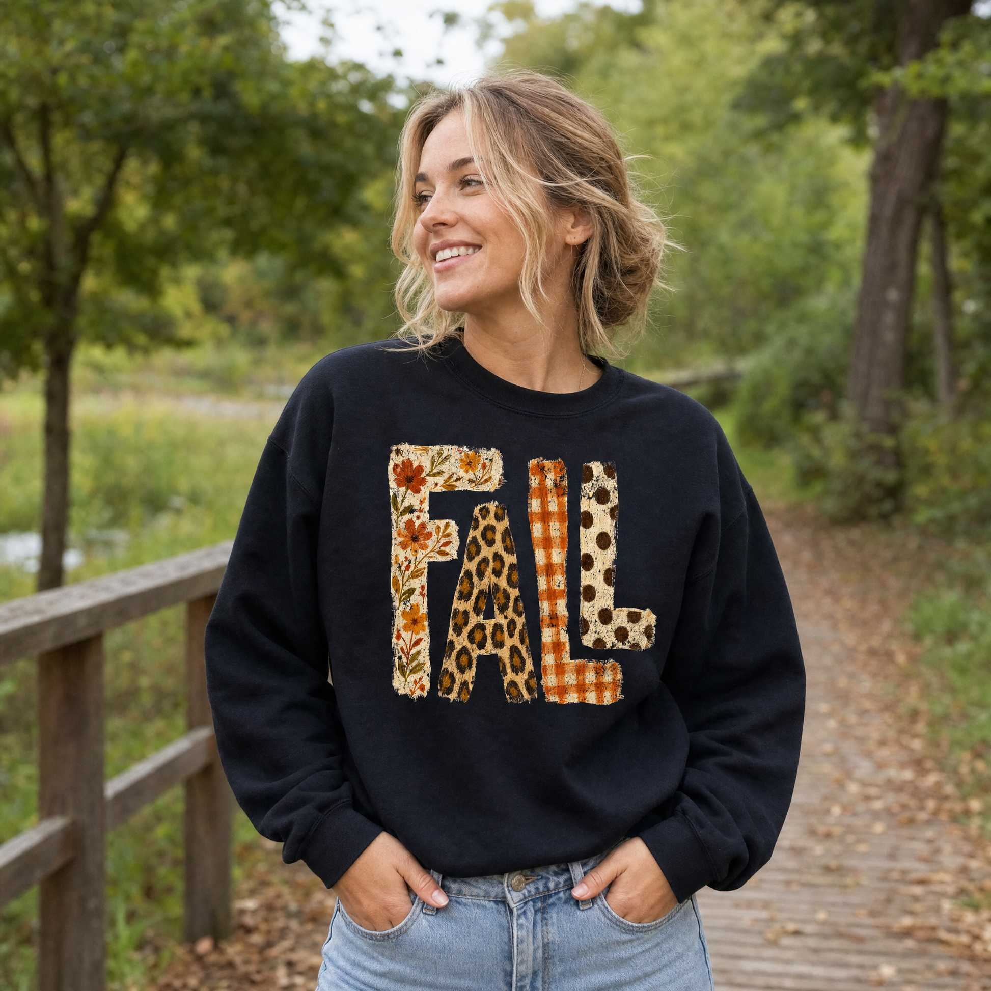 Model wearing the Fall Pattern Letters sweatshirt in Black
