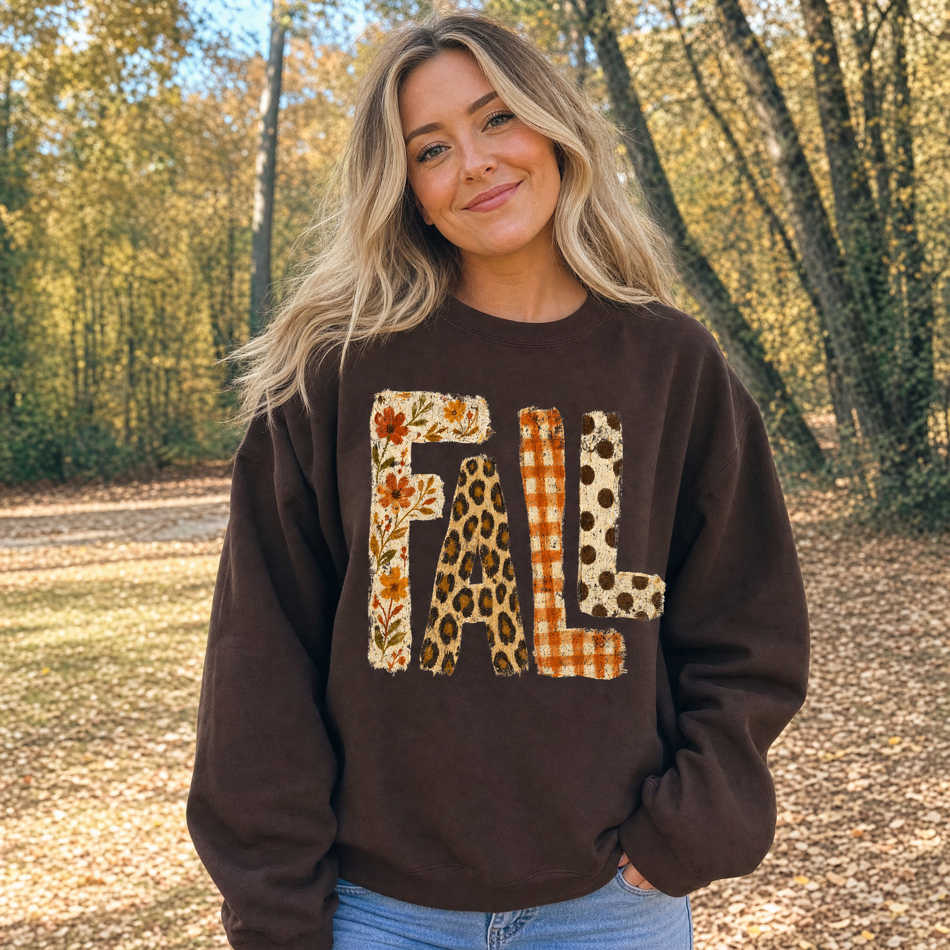 Model wearing the Fall Pattern Letters sweatshirt in Dark Chocolate