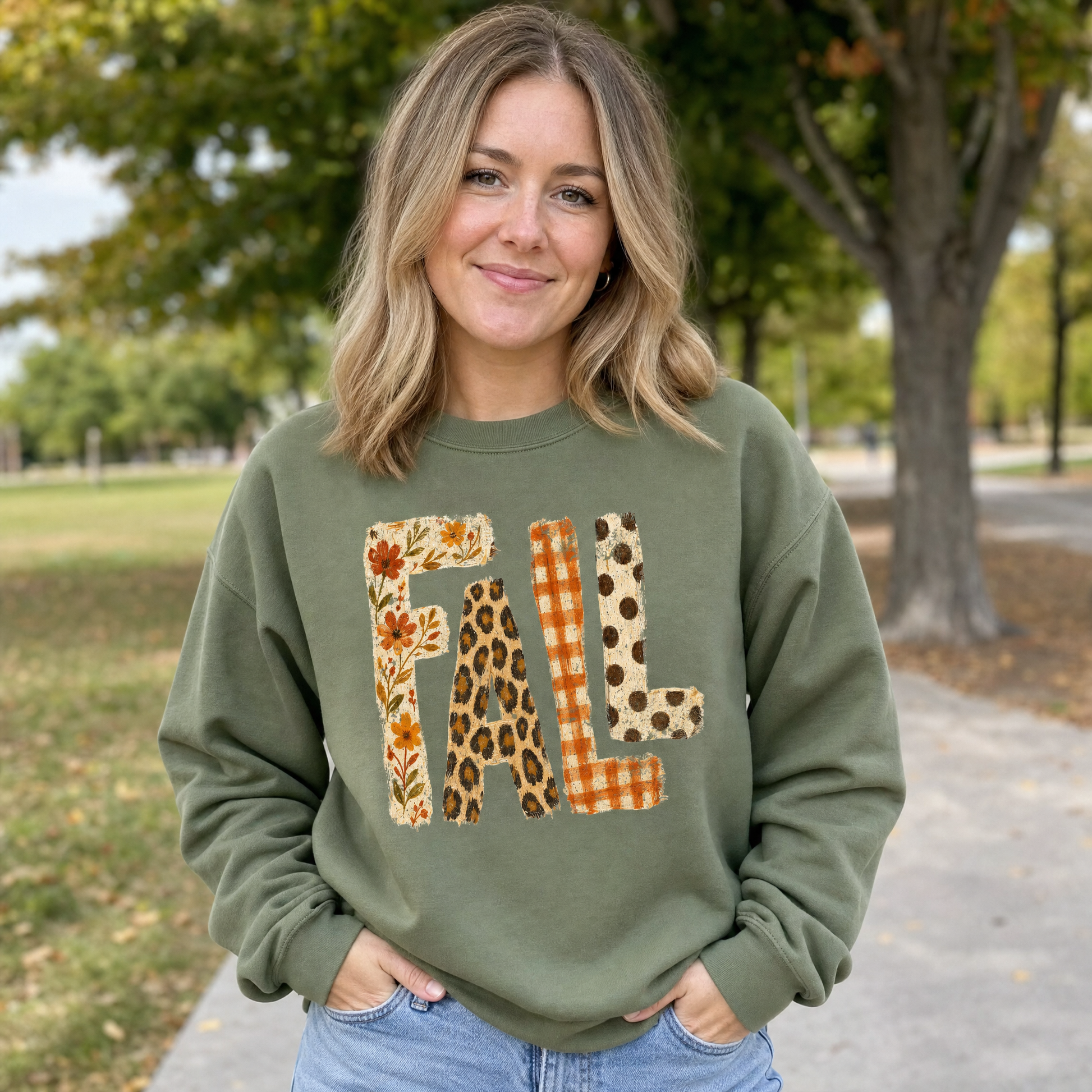 Model wearing the Fall Pattern Letters sweatshirt in Military Green