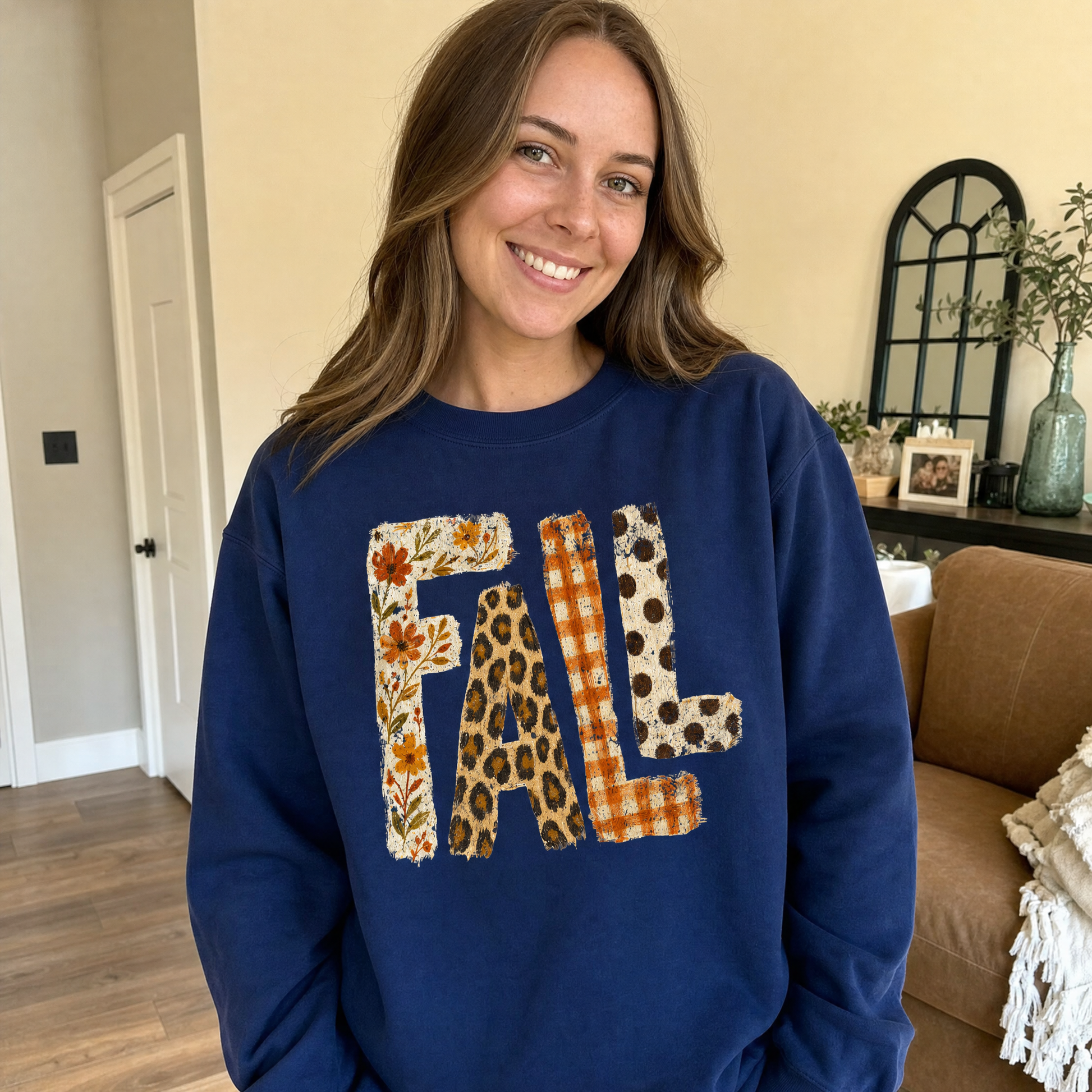 Model wearing the Fall Pattern Letters sweatshirt in Navy