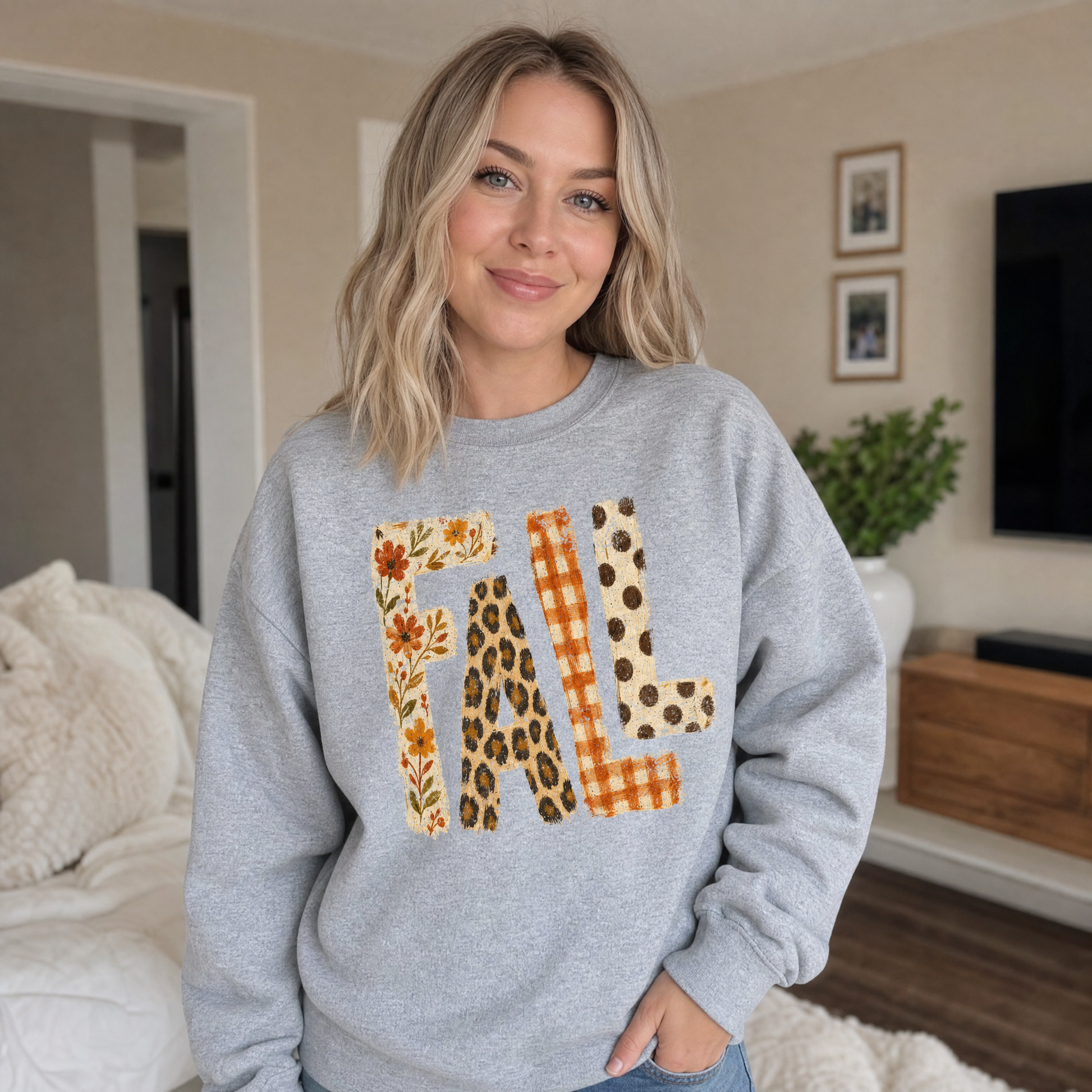 Model wearing the Fall Pattern Letters sweatshirt in Sport Grey
