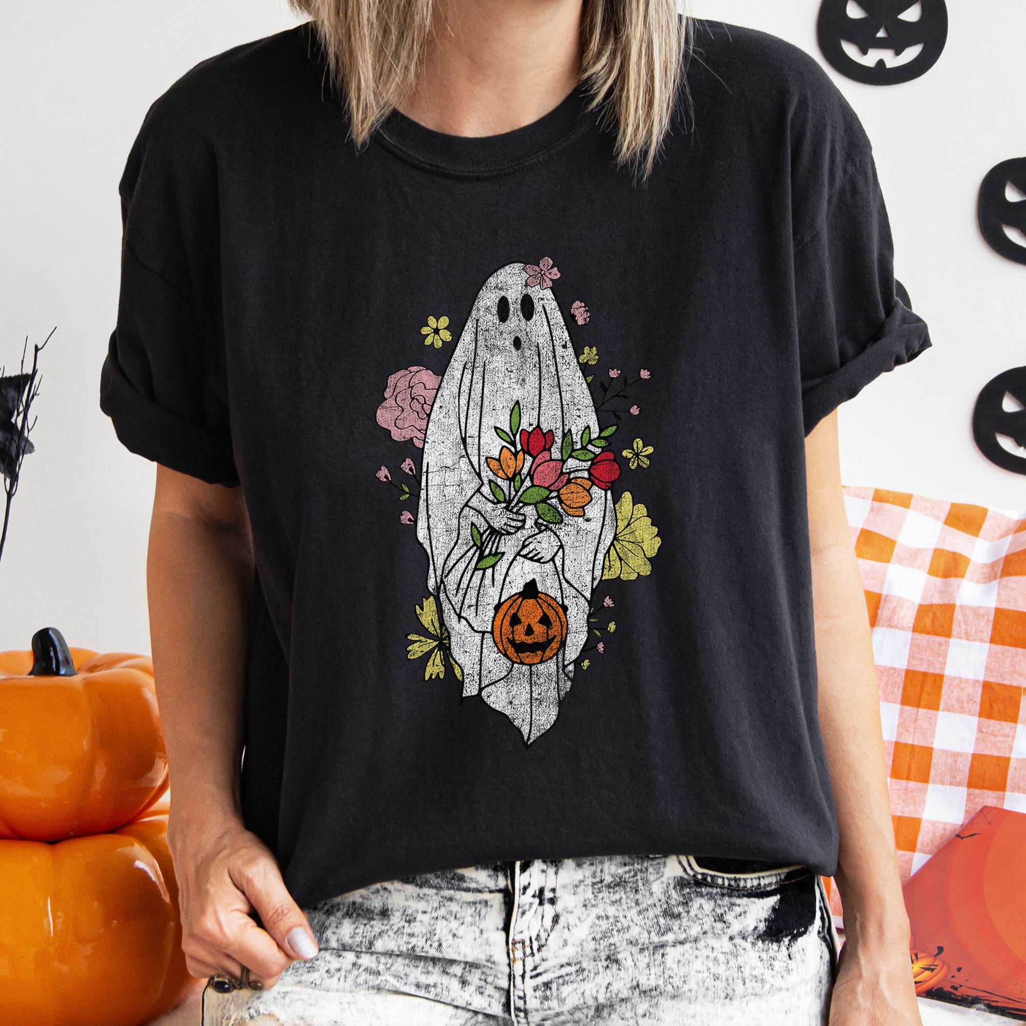 Ghost with Flowers Retro Halloween T-shirt