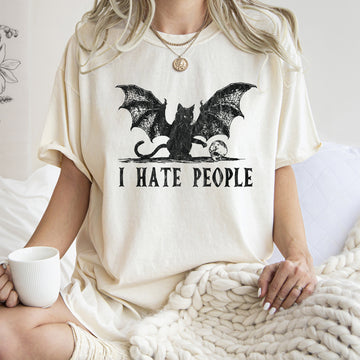 I Hate People Cat Bat Retro Halloween T-shirt