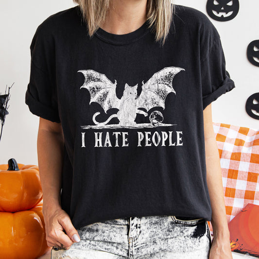 I Hate People Cat Bat Retro Halloween Comfort Colors Tshirt