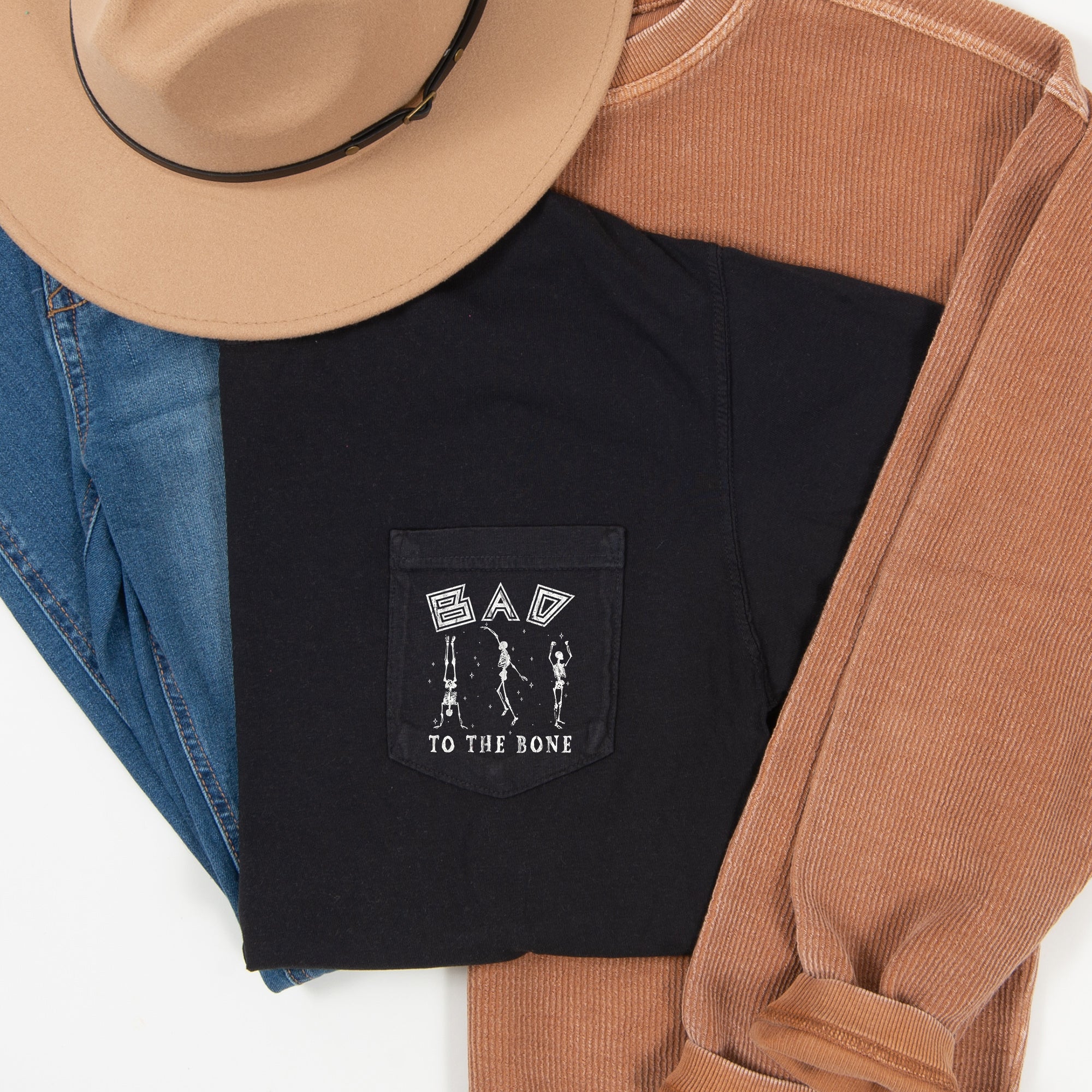 Bad To The Bone Halloween Pocket T-shirt White Print