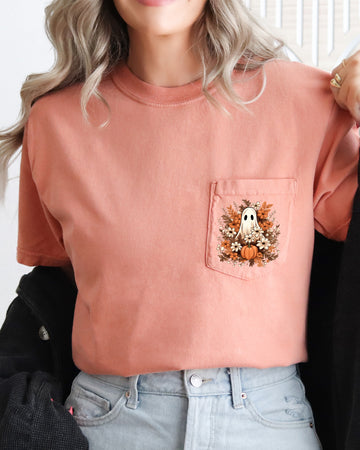 Floral Ghost, Spooky, Halloween Pocket Tee Comfort Colors T-Shirt