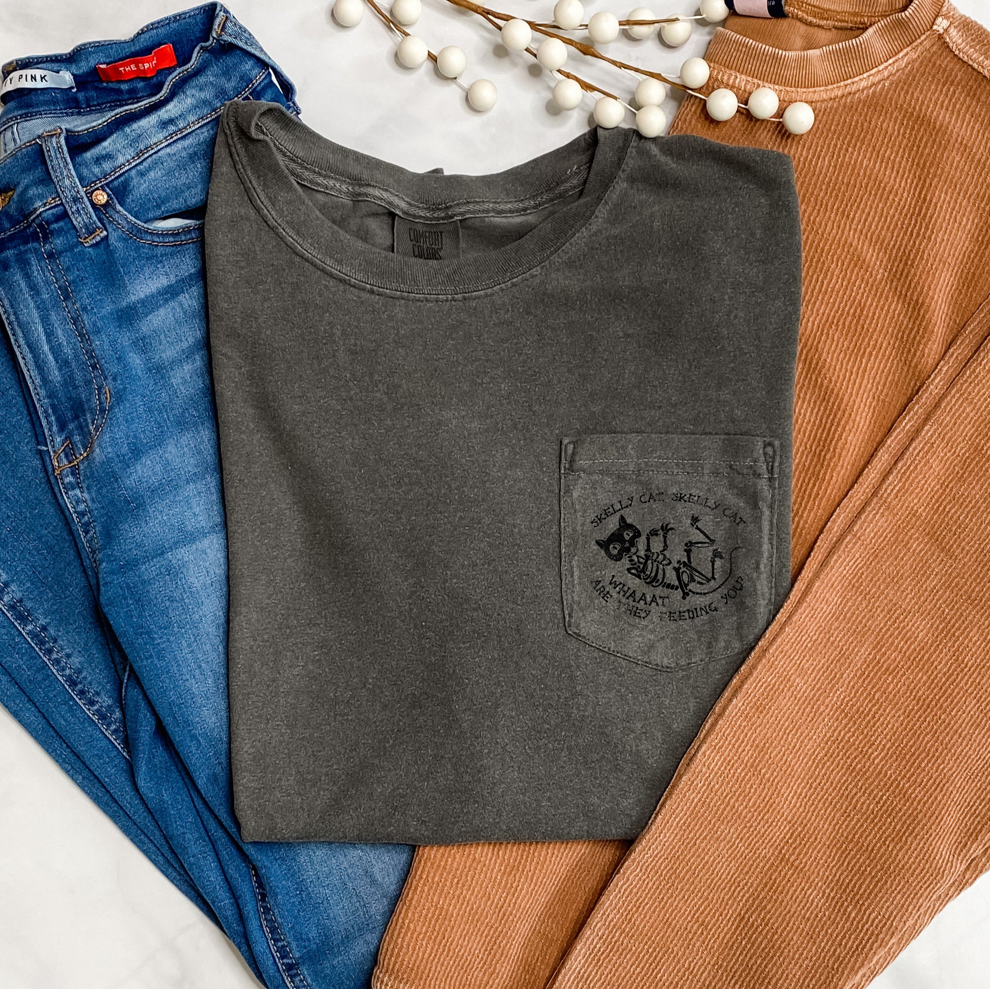 Skelly Cat Halloween Pocket Comfort Colors Tshirt